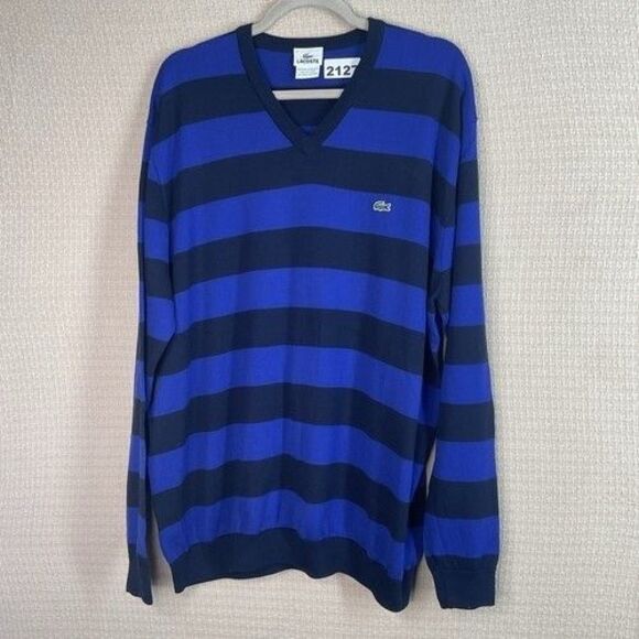 NWOT Lacoste Blue/Black Stripes Knit V-Neck Sweater Pullover Men Size 7/XL